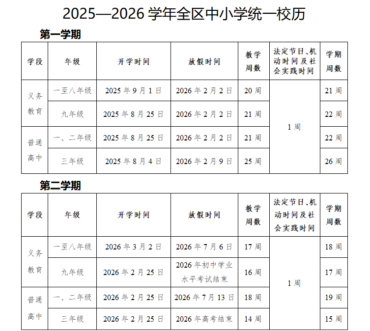 2026年柳州中小学寒假放假时间表